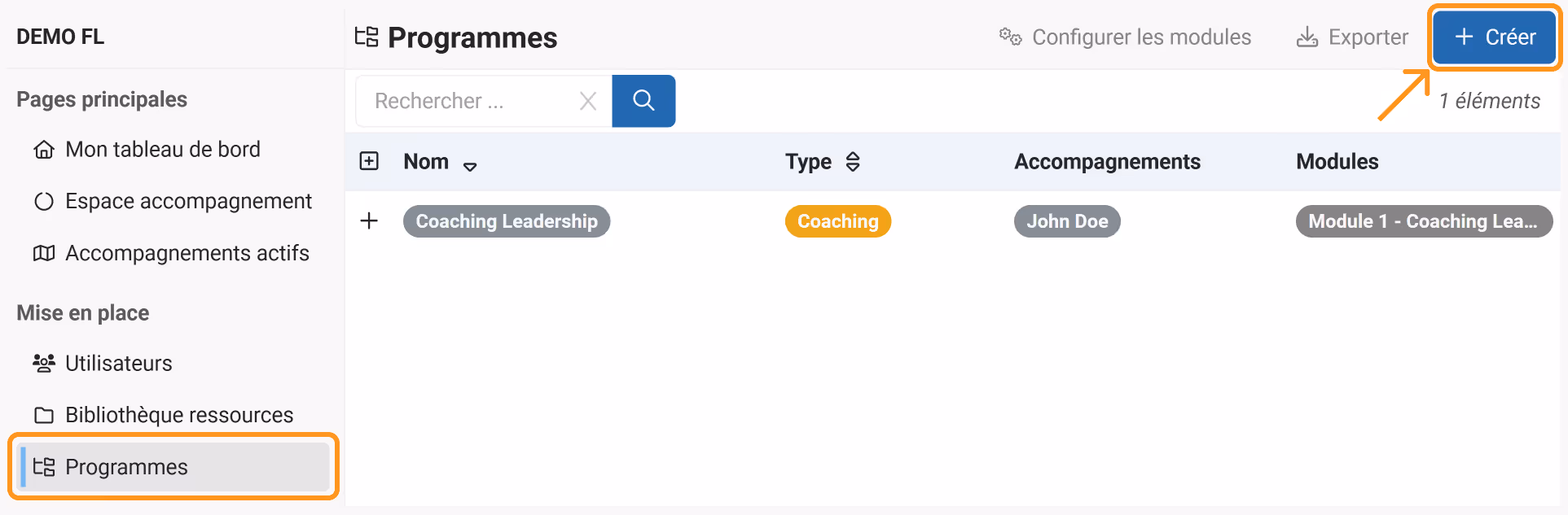 Programs page with the Create button