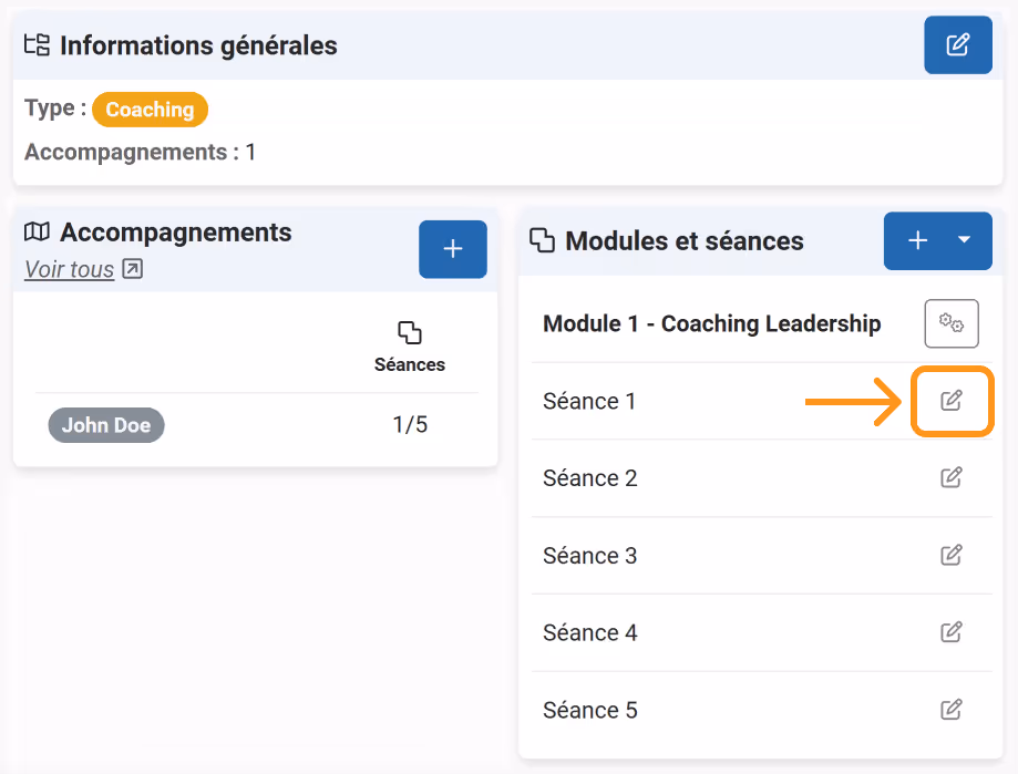 Program sheet with default sessions and module settings