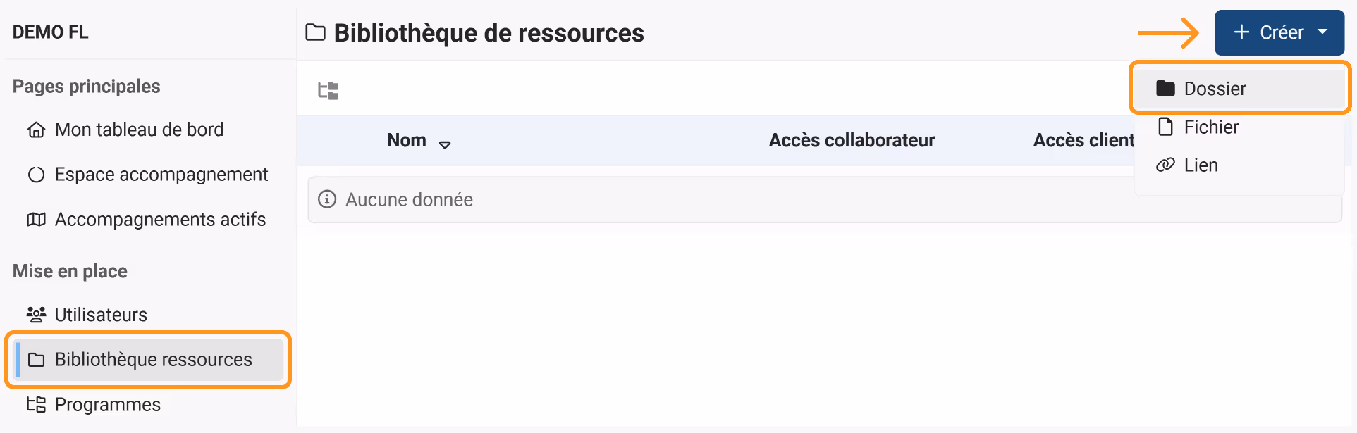 Resource library page with create folder option