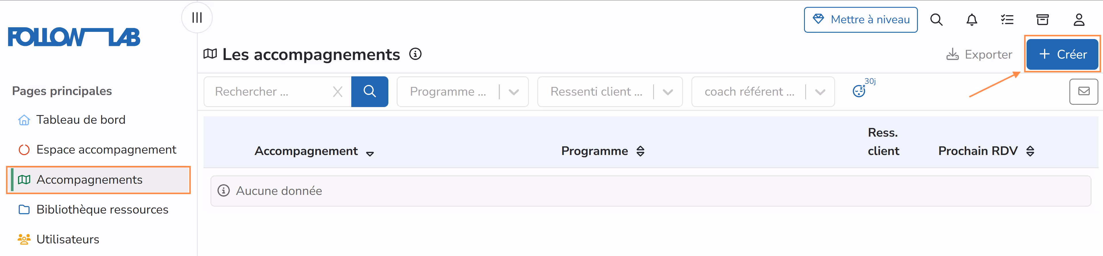 Active engagements page with the Create button highlighted