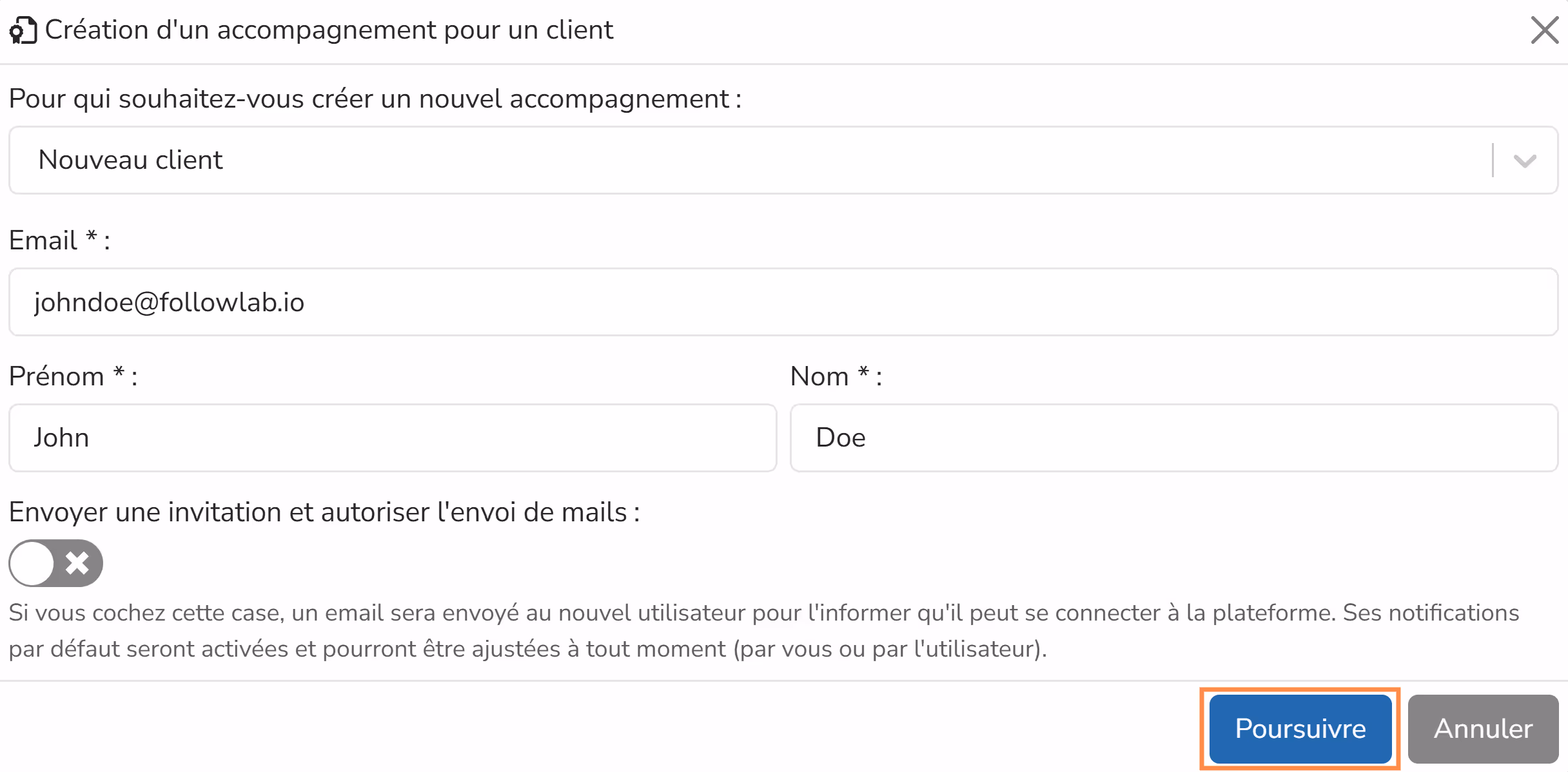New client form when creating a coaching engagement