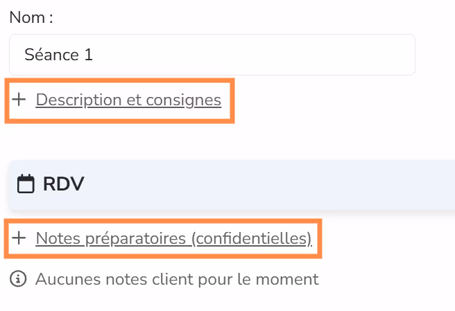 Session description, instructions, and notes fields