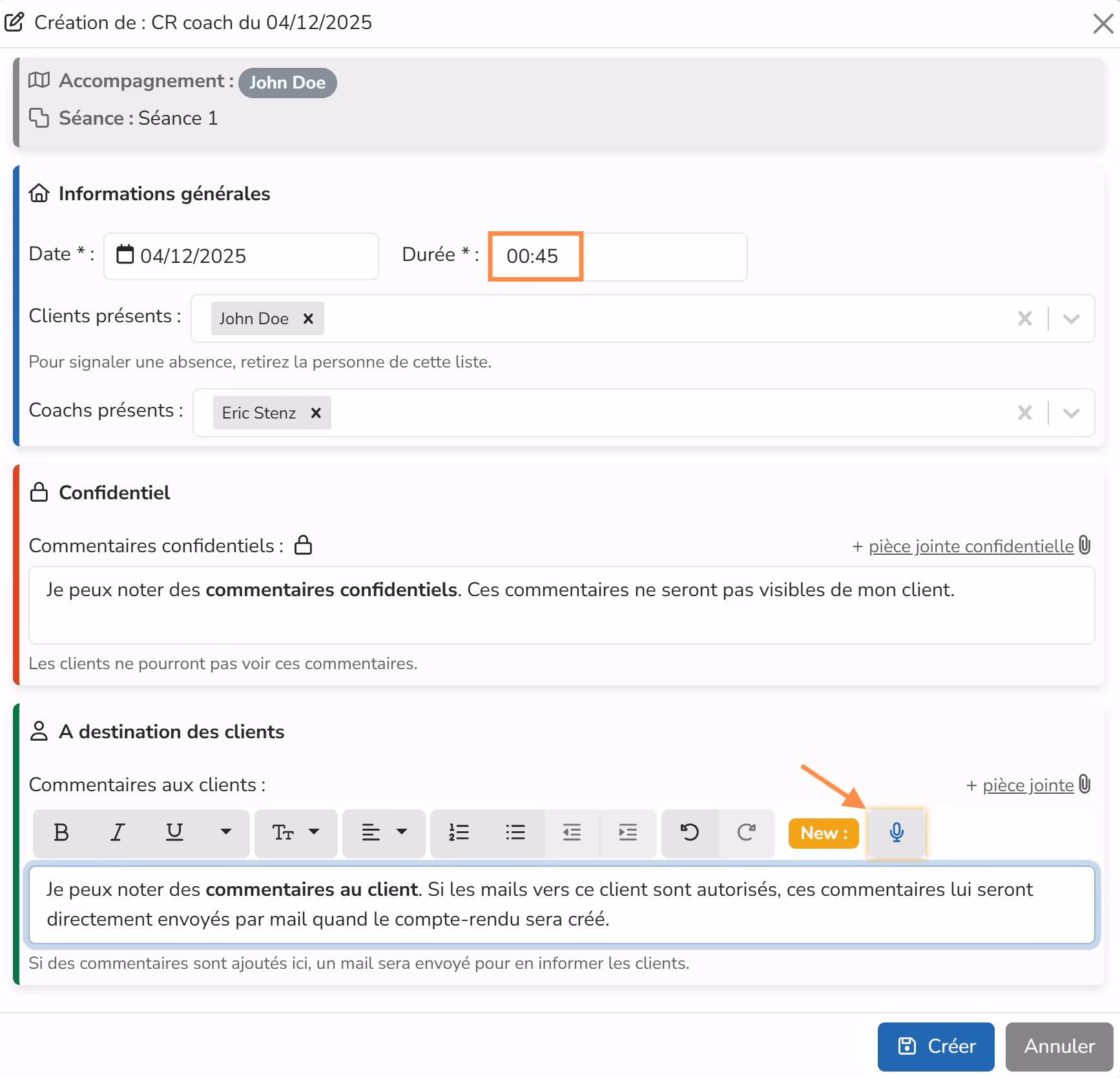 Coach report form with date, duration, and comments