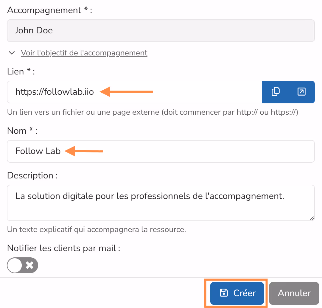 Link sharing form with URL and display name