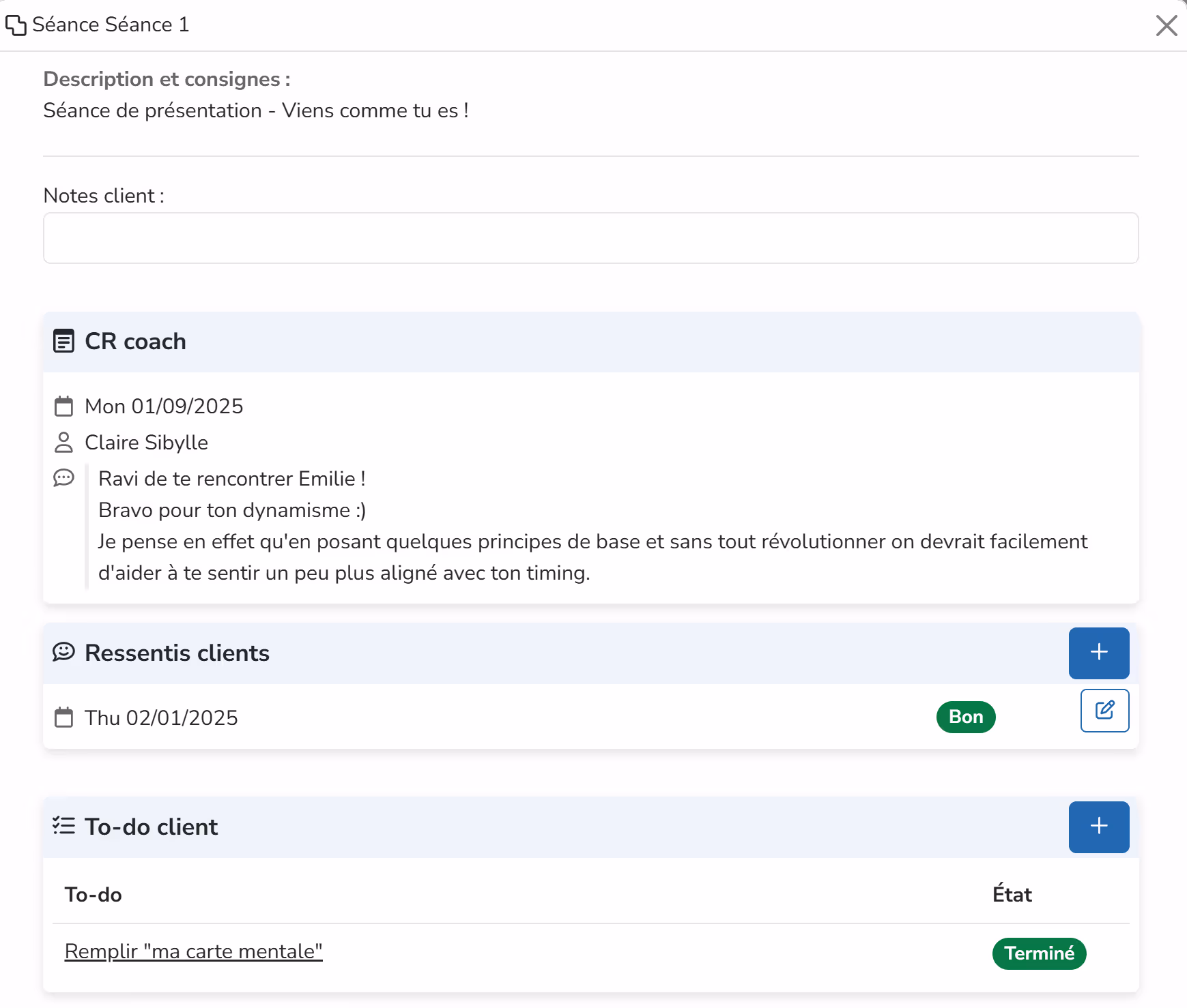 Client interface showing sessions, to-dos, and shared resources